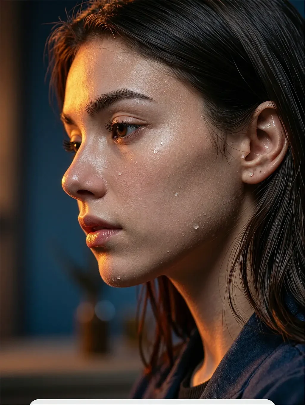 Close profile of a fictional AI character in blue evening light, gaze turned aside