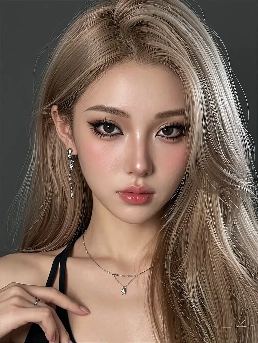 Close portrait of a doll-like blonde fictional AI character with a thin silver necklace