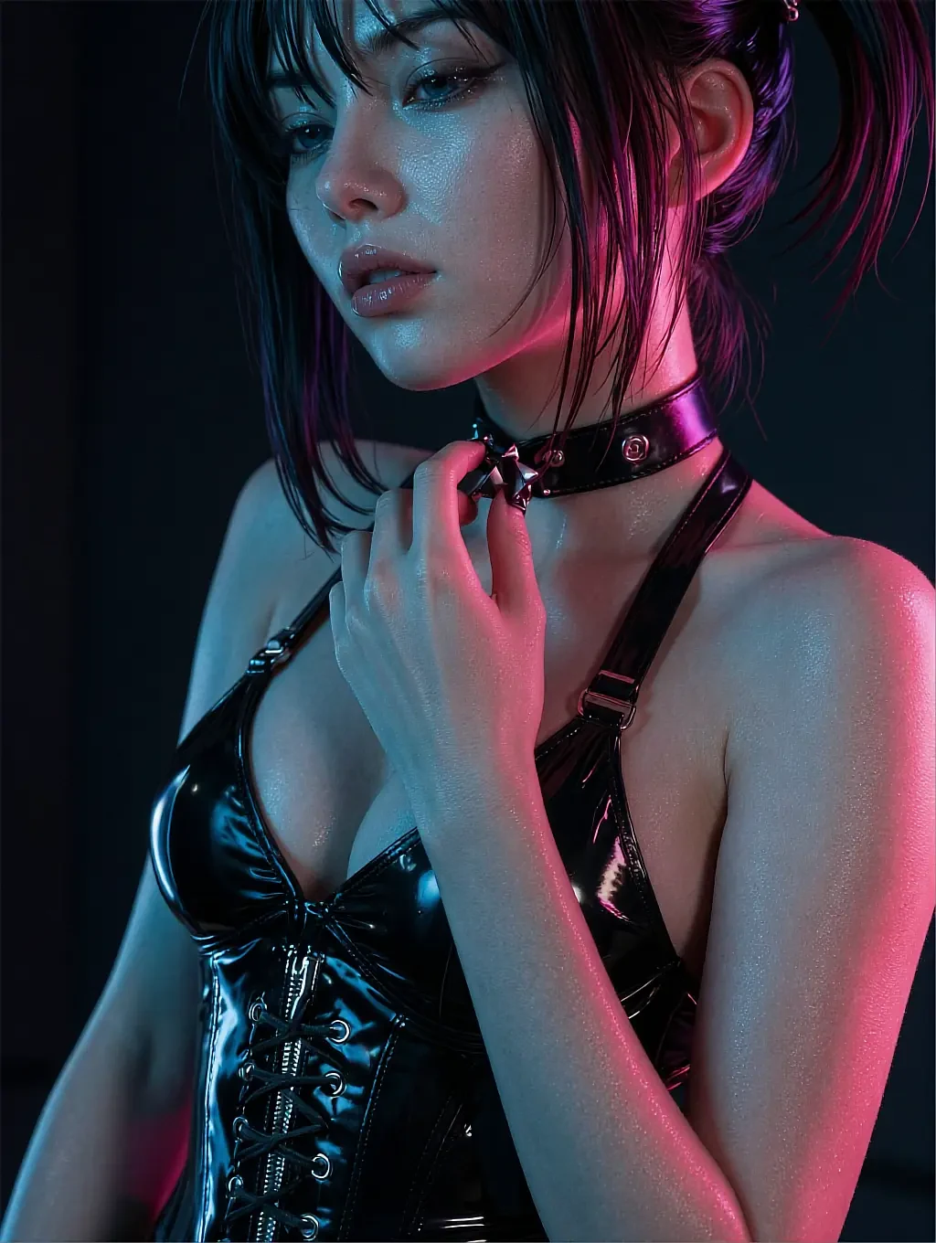 Fictional AI character in a dark leather corset and studded choker, half-turned under pink and violet light